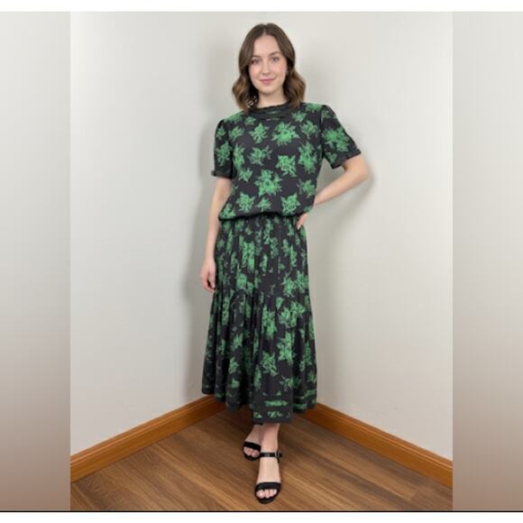 Albert Nipon Vintage Silk Black Green Floral Drop Waist Blouson Midi Dress Sz 10 - Picture 1 of 13